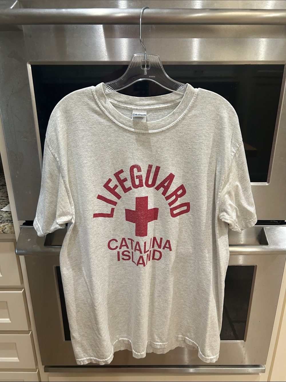Gildan White Short Sleeve Lifeguard Catalina Island Tee with Red Graphic